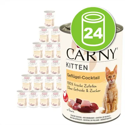 Lot de 24 boîtes Carny Kitten Geflügel-Cocktail, texte visible : 100 % frische Zutaten, Ohne Getreide & Zucker, avec image d’un chaton et morceaux de viande sur l’étiquette. Lot de 24 boîtes Carny Kitten Geflügel-Cocktail, texte visible : 100 % frische Zutaten, Ohne Getreide & Zucker, avec image d’un chaton et morceaux de viande sur l’étiquette.