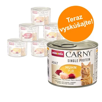 Konzervy animonda Carny Single Protein pre dospelé mačky, viditeľné príchute Huhn Pur, Pute Pur, Rind Pur. Oranžový kruh s textom: Teraz vyskúšajte! Konzervy animonda Carny Single Protein pre dospelé mačky, viditeľné príchute Huhn Pur, Pute Pur, Rind Pur. Oranžový kruh s textom: Teraz vyskúšajte!
