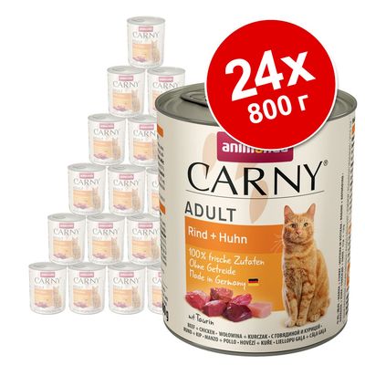Набор из 24 банок по 800 г Animonda Carny Adult Rind + Huhn для кошек. На упаковке: 100% frische Zutaten, Ohne Getreide, Made in Germany, изображение рыжего кота.