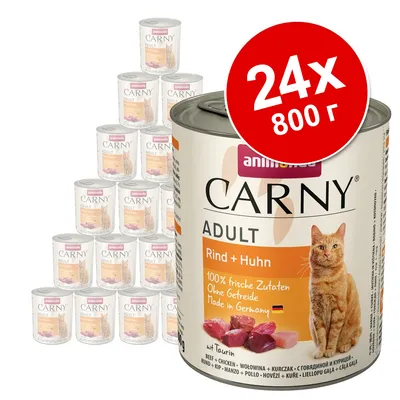 Набор из 24 банок по 800 г Animonda Carny Adult Rind + Huhn для кошек. На упаковке: 100% frische Zutaten, Ohne Getreide, Made in Germany, изображение рыжего кота.