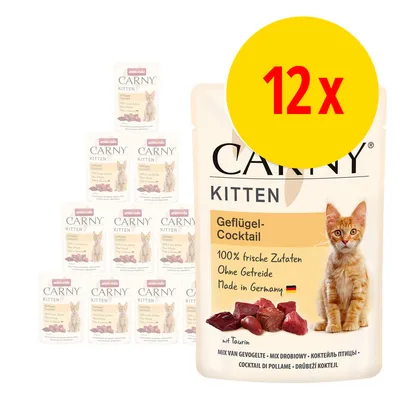 12x Animonda Carny Kitten Geflügel-Cocktail. 100% friske Zutaten, Ohne Getreide, Made in Germany. Billede af kattekilling og kød på emballagen.