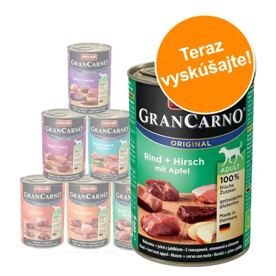 Konzervy Animonda GranCarno Original pre psov, rôzne príchute. Veľká konzerva: Rind + Hirsch mit Apfel, 100 % čerstvé zložky, bez obilnín a lepku. Oranžový kruh s textom Teraz vyskúšajte!