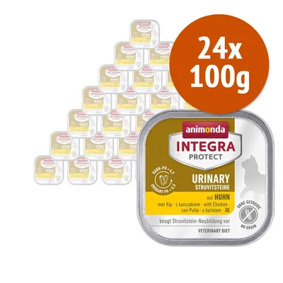 Animonda Integra Protect Urinary Struvitsteine con pollo, confezione da 24 vaschette da 100 g. Testo visibile: senza cereali, urinary pH 6,5, veterinary diet.