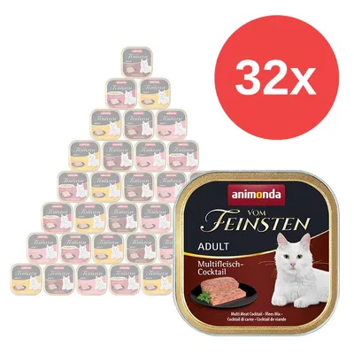32x animonda Vom Feinsten Adult Multifleich-Cocktail, balení kapsiček pro kočky, na obalu bílá kočka a miska s masem, viditelný nápis 'animonda' a 'Vom Feinsten'.