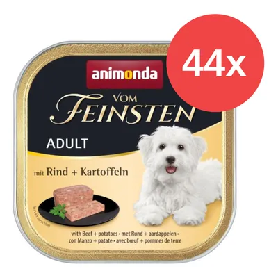 animonda Vom Feinsten Adult mit Rind + Kartoffeln, pack de 44 unidades. Imagen de lata con perro blanco y comida húmeda de ternera y patatas.