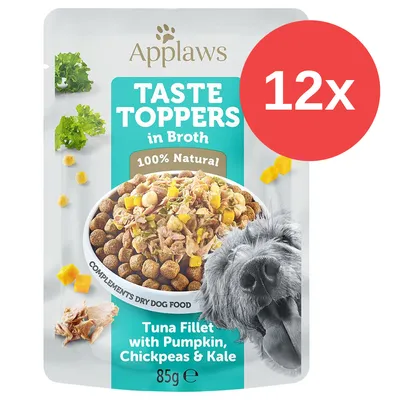 Applaws Taste Toppers in Broth, 100 % natural, filete de atún con calabaza, garbanzos y kale, complemento para comida seca de perro, paquete de 85 g, lote de 12 unidades. Applaws Taste Toppers in Broth, 100 % natural, filete de atún con calabaza, garbanzos y kale, complemento para comida seca de perro, paquete de 85 g, lote de 12 unidades.