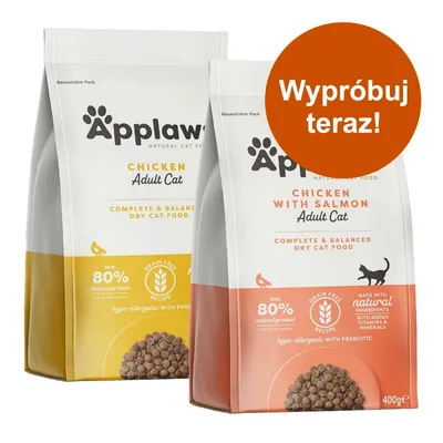 Applaws Adult Cat, karma sucha: Chicken oraz Chicken with Salmon, 400 g. Min. 80% białka zwierzęcego, bez zbóż. Napis na okręgu: Wypróbuj teraz!