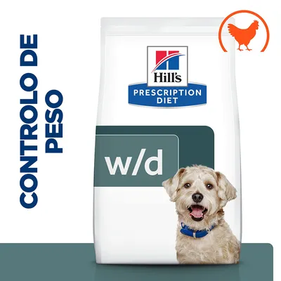 Embalagem de ração Hill's Prescription Diet w/d para controlo de peso, com imagem de cão e ícone de frango. Texto visível: CONTROLO DE PESO.