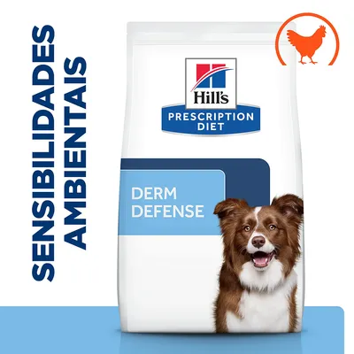 Embalagem de Hill's Prescription Diet Derm Defense com texto 'Sensibilidades Ambientais' e ícone de frango visível no canto superior direito.