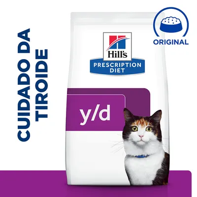 Embalagem de Hill's Prescription Diet y/d para gatos, com texto visível: 'CUIDADO DA TIROIDE' e símbolo 'ORIGINAL'. Gato ilustrado na frente da embalagem.