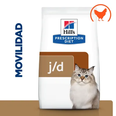 Hill's Prescription Diet j/d para gatos, texto 'MOVILIDAD', imagen de un gato y símbolo de pollo en la esquina superior derecha.