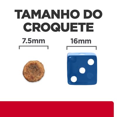 Tamanho do croquete: 7,5 mm de diâmetro comparado com um dado azul de 16 mm. Texto visível: 'TAMANHO DO CROQUETE', '7.5 mm', '16 mm'.