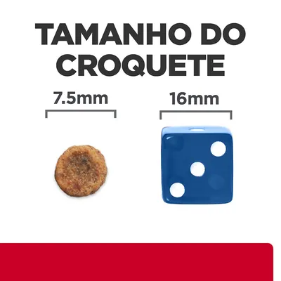 Tamanho do croquete: 7,5 mm de diâmetro comparado com um dado azul de 16 mm. Texto visível: 'TAMANHO DO CROQUETE', '7.5 mm', '16 mm'.