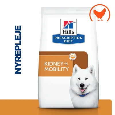 Hill's Prescription Diet Kidney + Mobility hundefoder, billede af hvid hund, tekst: NYREPLEJE og kyllingesymbol øverst til højre.
