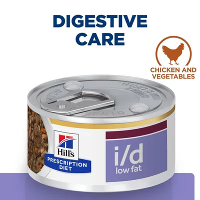 Hill's Prescription Diet i/d low fat konzerva, Digestive Care, Chicken and Vegetables. Tekst na engleskom jeziku vidljiv na slici.