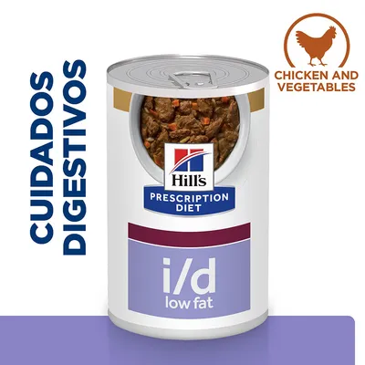 Hill's Prescription Diet i/d low fat, cuidados digestivos, chicken and vegetables. Lata de comida húmida com pedaços visíveis de carne e legumes.