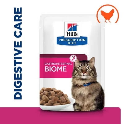 Hill's Prescription Diet Gastrointestinal Biome cat food pouch, visible text 'DIGESTIVE CARE', image of a tabby cat and bowl of chunks, orange chicken icon top right Hill's Prescription Diet Gastrointestinal Biome cat food pouch, visible text 'DIGESTIVE CARE', image of a tabby cat and bowl of chunks, orange chicken icon top right
