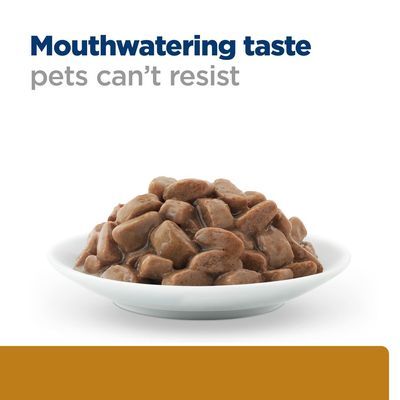 Text på engelska: Mouthwatering taste pets can’t resist. Skål med bruna bitar av våtfoder i sås.