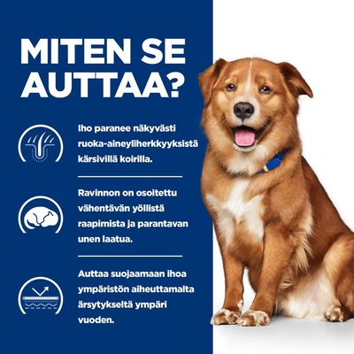 MITEN SE AUTTAA? Iho paranee näkyvästi ruoka-aineyliherkkyyksistä kärsivillä koirilla. Ravinnon on osoitettu vähentävän yöllistä raapimista ja parantavan unen laatua. Auttaa suojaamaan ihoa.