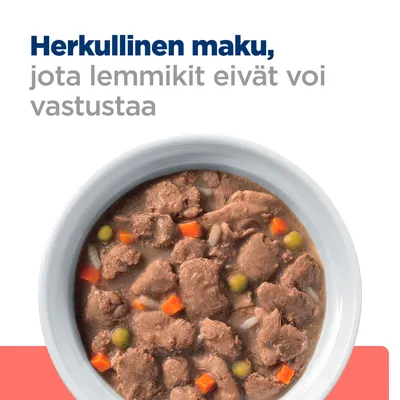 Teksti: Herkullinen maku, jota lemmikit eivät voi vastustaa. Kuvassa kulhollinen kastikkeessa olevia lihapaloja, mukana porkkanan ja herneen paloja.