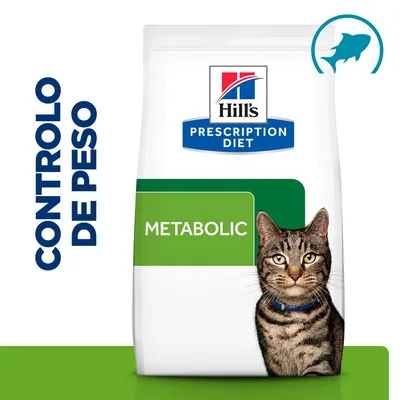 Hill's Prescription Diet Metabolic para gatos. Texto visível: CONTROLO DE PESO. Embalagem com imagem de um gato tigrado. Hill's Prescription Diet Metabolic para gatos. Texto visível: CONTROLO DE PESO. Embalagem com imagem de um gato tigrado.