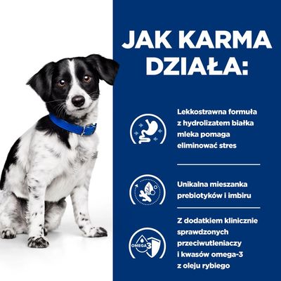 Jak karma działa: lekkostrawna formuła z hydrolizatem białka mleka pomaga eliminować stres, unikalna mieszanka prebiotyków i imbiru, przeciwutleniacze i kwasy omega-3 z oleju rybiego.