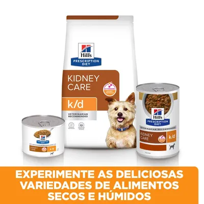 Hill's Prescription Diet Kidney Care k/d, ração seca e húmida para animais. Texto: Experimente as deliciosas variedades de alimentos secos e húmidos.