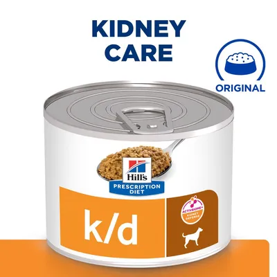 Hill's Prescription Diet k/d Kidney Care Original -koiran märkäruokapurkki, etiketti ja teksti: ACTIVBIOME+ KIDNEY DEFENSE, koirakuvake, lusikallinen ruokaa kannessa.