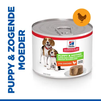 Blik Hill's Science Plan Puppy & Mother met kip, tekst: 'Puppy & Mother, puppies van 3 weken tot 12 maanden & drachtige of zogende honden, tender mousse', afbeelding hond en kip-icoon.