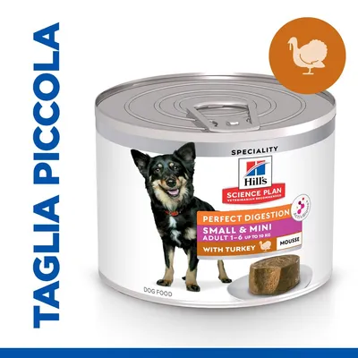 Hill's Science Plan Perfect Digestion Small & Mini Adult 1–6 fino a 10 kg con tacchino mousse, cibo umido per cani di taglia piccola. Scritta: TAGLIA PICCOLA.