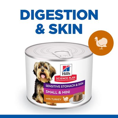 Tin labelled for sensitive stomach and skin, small and mini, with turkey. Text highlights digestion and skin benefits. Turkey icon shown.