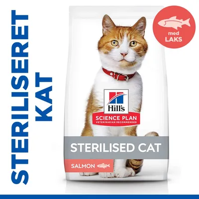 Hill's Science Plan Sterilised Cat Salmon. Tekst: STERILISERET KAT, med LAKS. Billede af kat på emballagen. Hill's Science Plan Sterilised Cat Salmon. Tekst: STERILISERET KAT, med LAKS. Billede af kat på emballagen.
