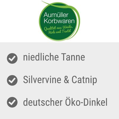 Aumüller Korbwaren, Qualität aus Weide, Holz und Textil. niedliche Tanne, Silvervine & Catnip, deutscher Öko-Dinkel. Texte en allemand.
