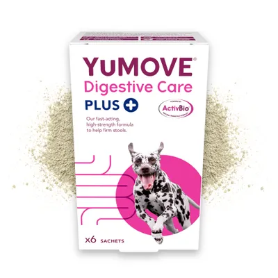 YuMOVE Digestive Care Plus with ActivBio, fast-acting high-strength formula to help firm stools, contains 6 sachets. Powder shown behind the box.