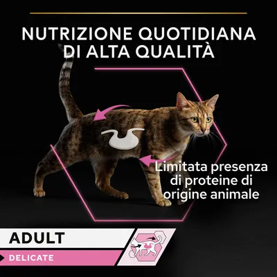 Nutrizione quotidiana di alta qualità. Limitata presenza di proteine di origine animale. Adult Delicate.