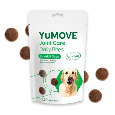 YuMOVE Joint Care Daily Bites for adult dogs, 60 tasty bites per pack, powered by ActivEase green lipped mussel, shown as round brown treats on packaging.