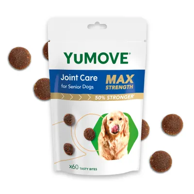 YuMOVE Joint Care Max Strength, 50% stronger, for senior dogs. Pack contains 60 tasty bites. Image shows round brown treats and product packaging.