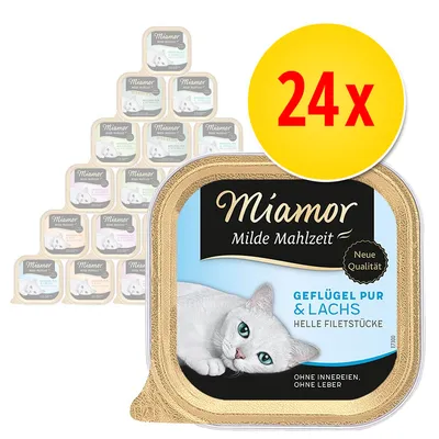 Miamor Milde Mahlzeit Geflügel Pur & Lachs -kissan märkäruoka, 24 kpl pakkaus. Etiketissä valkoinen kissa ja teksti: Neue Qualität, ohne Innereien, ohne Leber. Miamor Milde Mahlzeit Geflügel Pur & Lachs -kissan märkäruoka, 24 kpl pakkaus. Etiketissä valkoinen kissa ja teksti: Neue Qualität, ohne Innereien, ohne Leber.