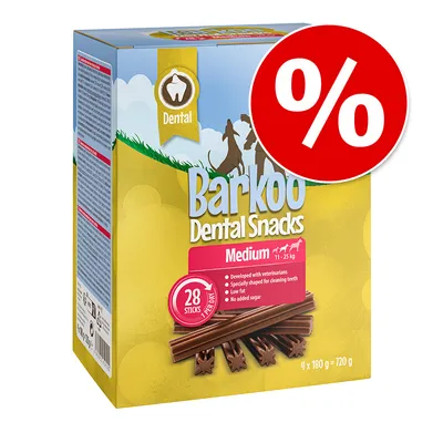 Barkoo Dental Snacks Medium til hunde 11-25 kg, 28 sticks, fedtfattig, uden sukker, specielt formet til tandpleje, udviklet med dyrlæger. Pakningsstørrelse: 4 x 180 g = 720 g. Barkoo Dental Snacks Medium til hunde 11-25 kg, 28 sticks, fedtfattig, uden sukker, specielt formet til tandpleje, udviklet med dyrlæger. Pakningsstørrelse: 4 x 180 g = 720 g.
