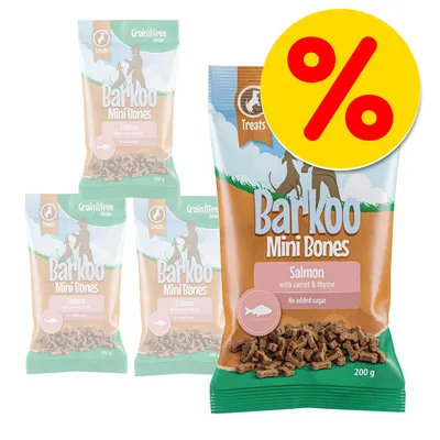 Barkoo Mini Bones, receta Grain Free, salmón con zanahoria y tomillo, sin azúcar añadido, paquete de 200 g. Oferta indicada por símbolo de porcentaje.