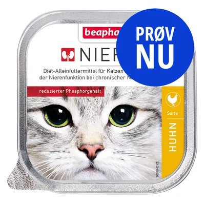 beaphar NIER, Sorte HUHN. Prøv nu. Dåse med diæt-fuldfoder til katte, synligt tysk og dansk tekst på emballagen. beaphar NIER, Sorte HUHN. Prøv nu. Dåse med diæt-fuldfoder til katte, synligt tysk og dansk tekst på emballagen.