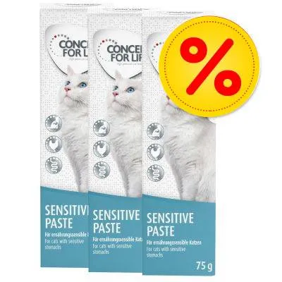 CONCEPT FOR LIFE SENSITIVE PASTE pro kočky, 3 balení po 75 g, žlutý symbol procenta v červeném kruhu na pravé straně obalu