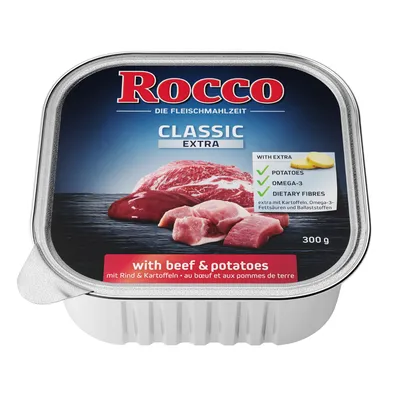 Rocco Classic Extra, 300 g. Vidljivo: with beef & potatoes, dodatno s krumpirom, omega-3 i prehrambenim vlaknima. Na slici komadi mesa i krumpira.