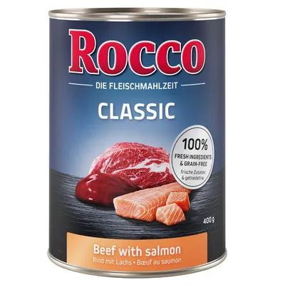Konzerva Rocco Classic, 400 g, Beef with salmon. Text: 100% fresh ingredients & grain-free. Na obalu vyobrazené kusy hovězího masa a lososa.