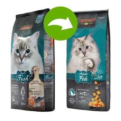 Två påsar Leonardo Cat Food Adult Fish torrfoder för katt, synlig text: 85 % animaliskt protein, lax, bilder på fisk och laxtärningar, vikt 1,5 kg. Två påsar Leonardo Cat Food Adult Fish torrfoder för katt, synlig text: 85 % animaliskt protein, lax, bilder på fisk och laxtärningar, vikt 1,5 kg.