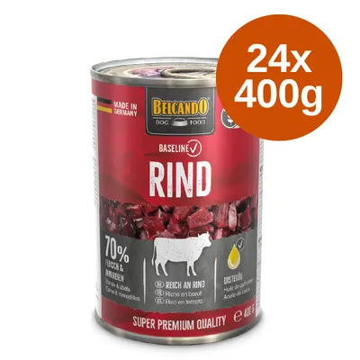 Belcando Dog Food, wołowina, wyprodukowano w Niemczech, 24x400g puszki. 70% mięsa i podrobów, bogaty w wołowinę, z olejem z ostu, super premium jakość.