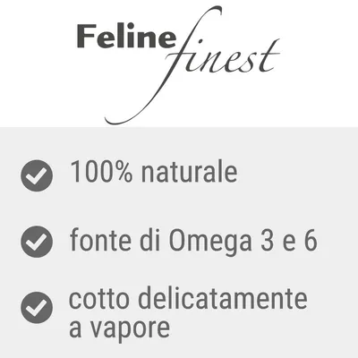 Feline finest, 100% naturale, fonte di Omega 3 e 6, cotto delicatamente a vapore.