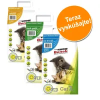 Super Benek Corn Cat 7L, hrudkujúce kukuričné stelivo pre mačky v troch variantoch: natural, fresh grass, sea breeze. Oranžový kruh s textom: Teraz vyskúšajte!