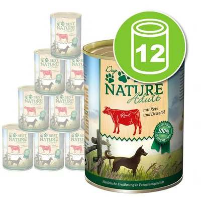 Lot de 12 boîtes Dogs Nature Adult bœuf, riz et huile de carthame. Texte visible : 100 % naturelle Zusammensetzung, Rind, mit Reis und Distelöl.