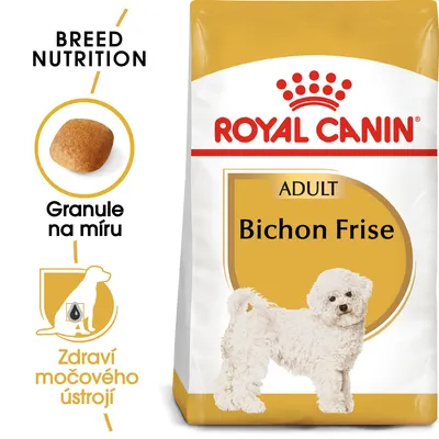 ROYAL CANIN ADULT Bichon Frise, granule na míru, zdraví močového ústrojí, obrázek psa Bichon Frise a tvaru granule na obalu.